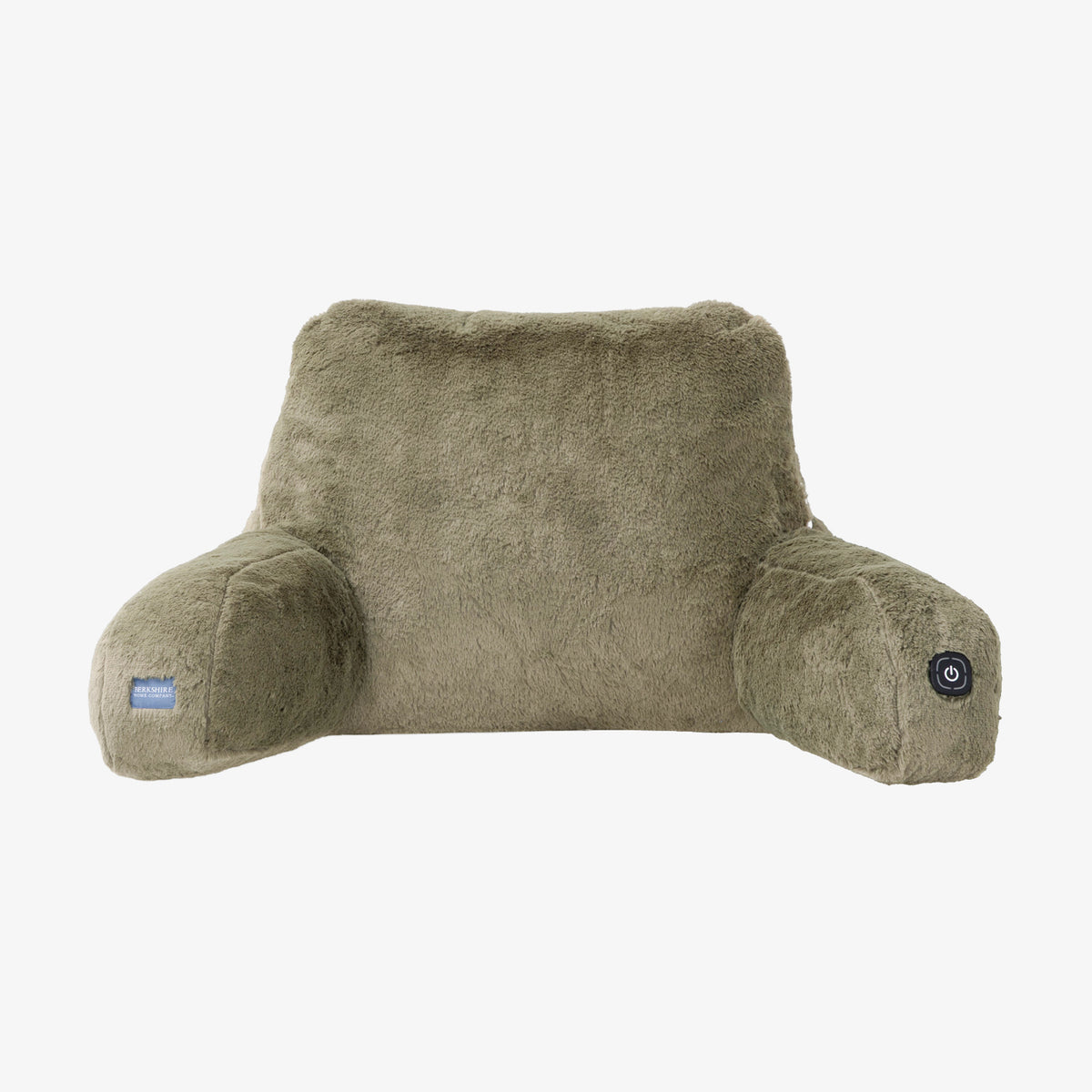 A plush, U-shaped lumbar pillow in a muted olive green color, featuring a small blue brand tag on the left armrest and a black power button on the right armrest, set against a plain white background.