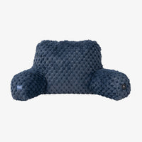 A dark blue textured, plush U-shaped support pillow with side bolsters, shown against a plain light gray background.