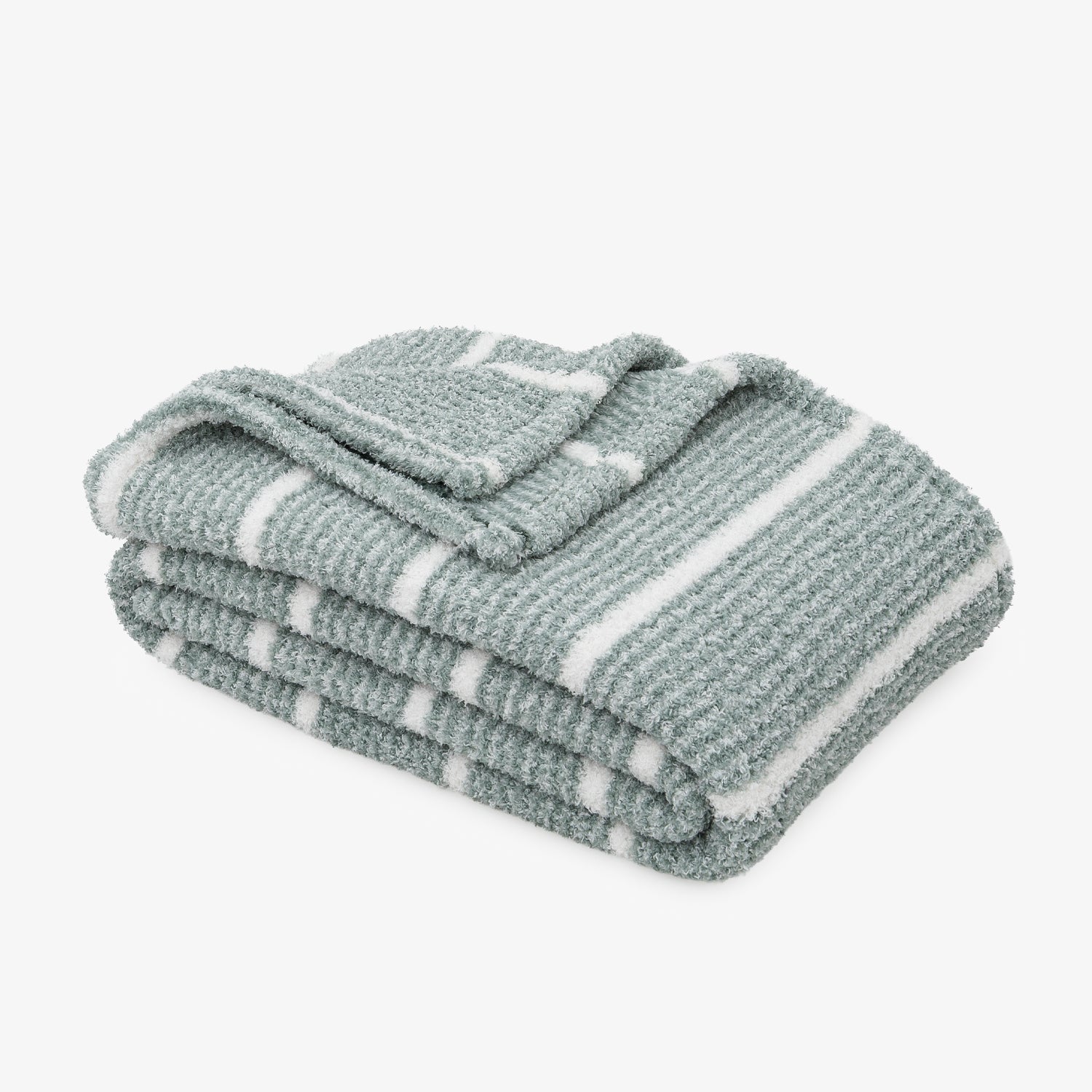 A folded textured throw blanket with white stripes on a light gray background.