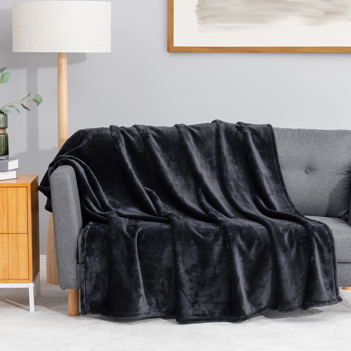 Premium VelvetLoft® Throw in Black, draped over a gray sofa in a living room