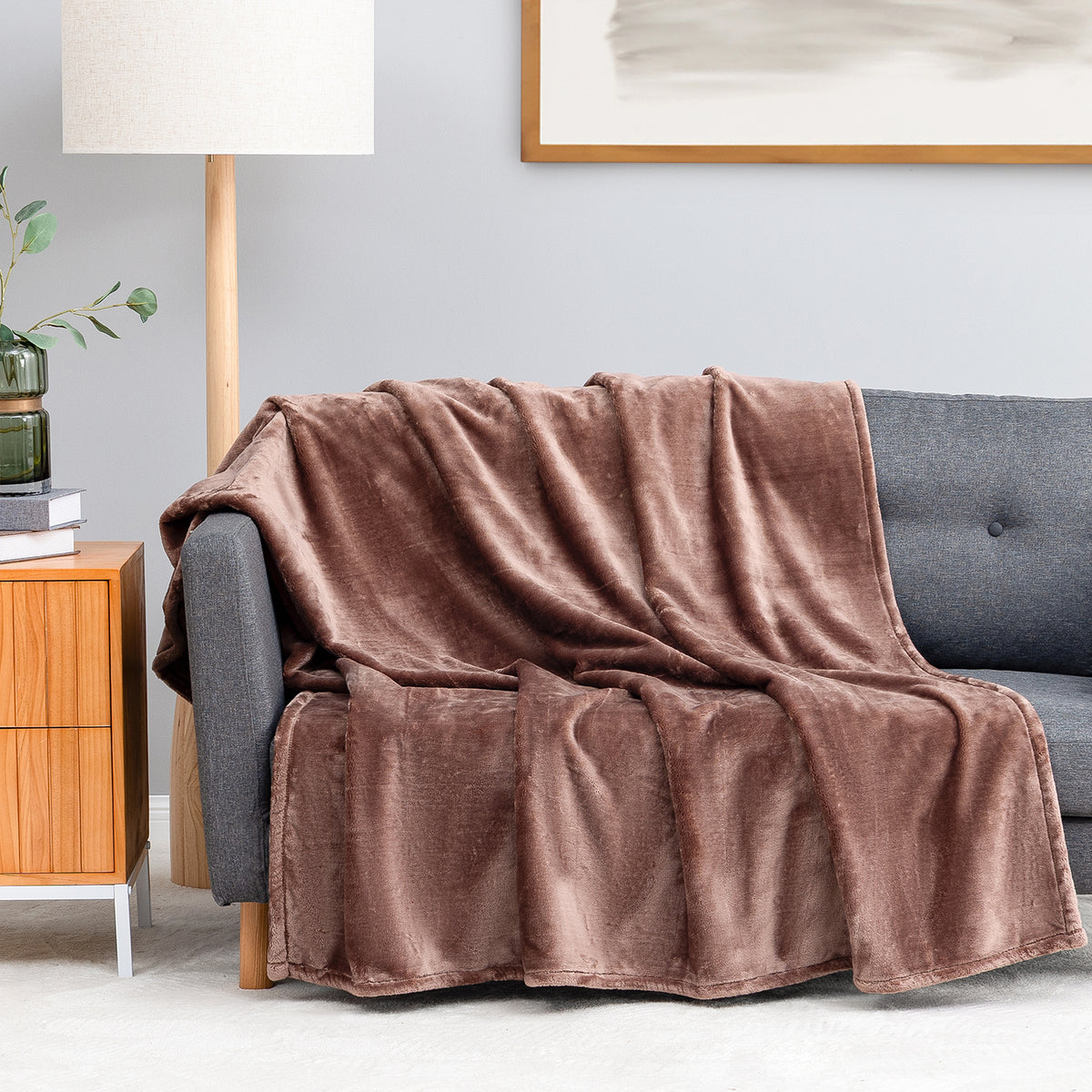 Premium VelvetLoft® Throw in Hazel, draped over a gray sofa in a living room