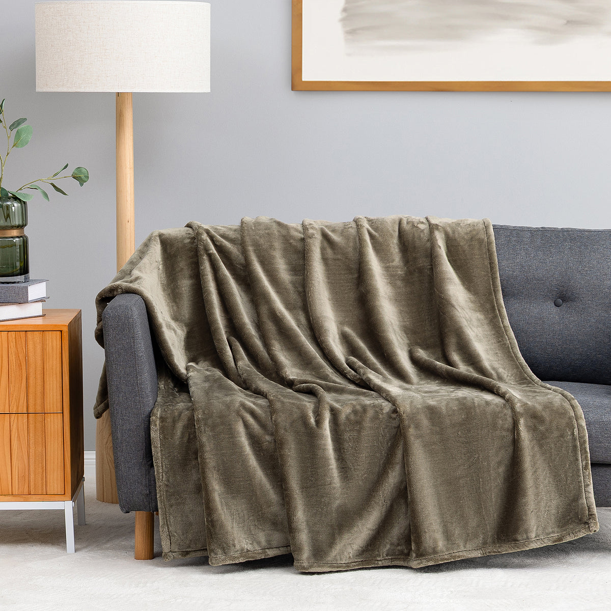 Premium VelvetLoft® Throw in Kalamata, draped over a gray sofa in a living room