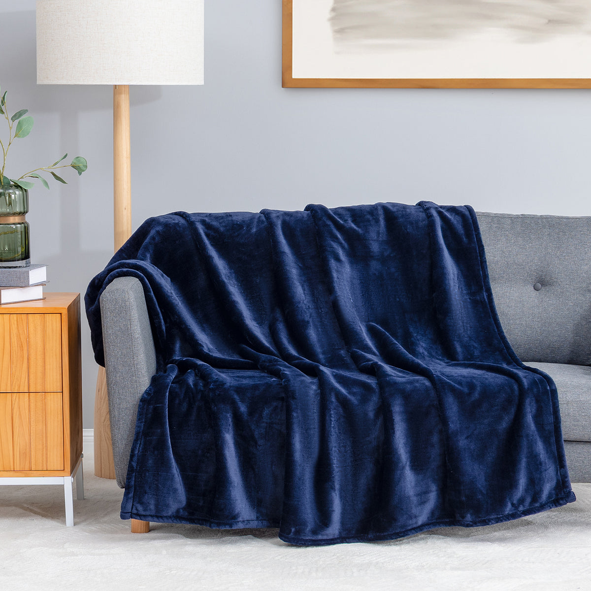 Premium VelvetLoft® Throw in Midnight Blue, draped over a gray sofa in a living room