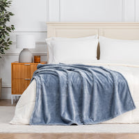 Premium VelvetLoft® Throw in Polar Blue, draped across the foot of a bed