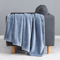 Premium VelvetLoft® Throw in Polar Blue, draped over the arm of a gray sofa, close view