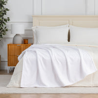 Premium VelvetLoft® Throw in True White, draped across the foot of a bed