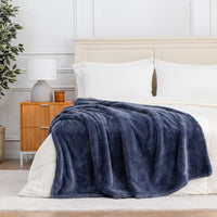 Premium Extra-Fluffy™ Throw in Galaxy Blue draped across the foot of a bed