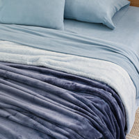A bed dressed in blue sheets and 2 layers of textured blue blankets in deifferent shades.