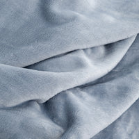 A close-up of draped light blue plush fleece fabric, showing its soft texture and folds.