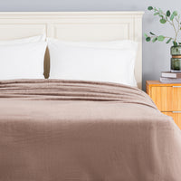 A plush, soft brown fleece blanket is neatly spread across a bed with white pillows and a light wood headboard, set in a bedroom next to a wooden nightstand with a green plant.
