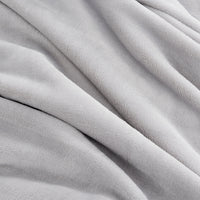 A close-up of a soft, plush fleece blanket in a light gray color, draped in gentle folds.
