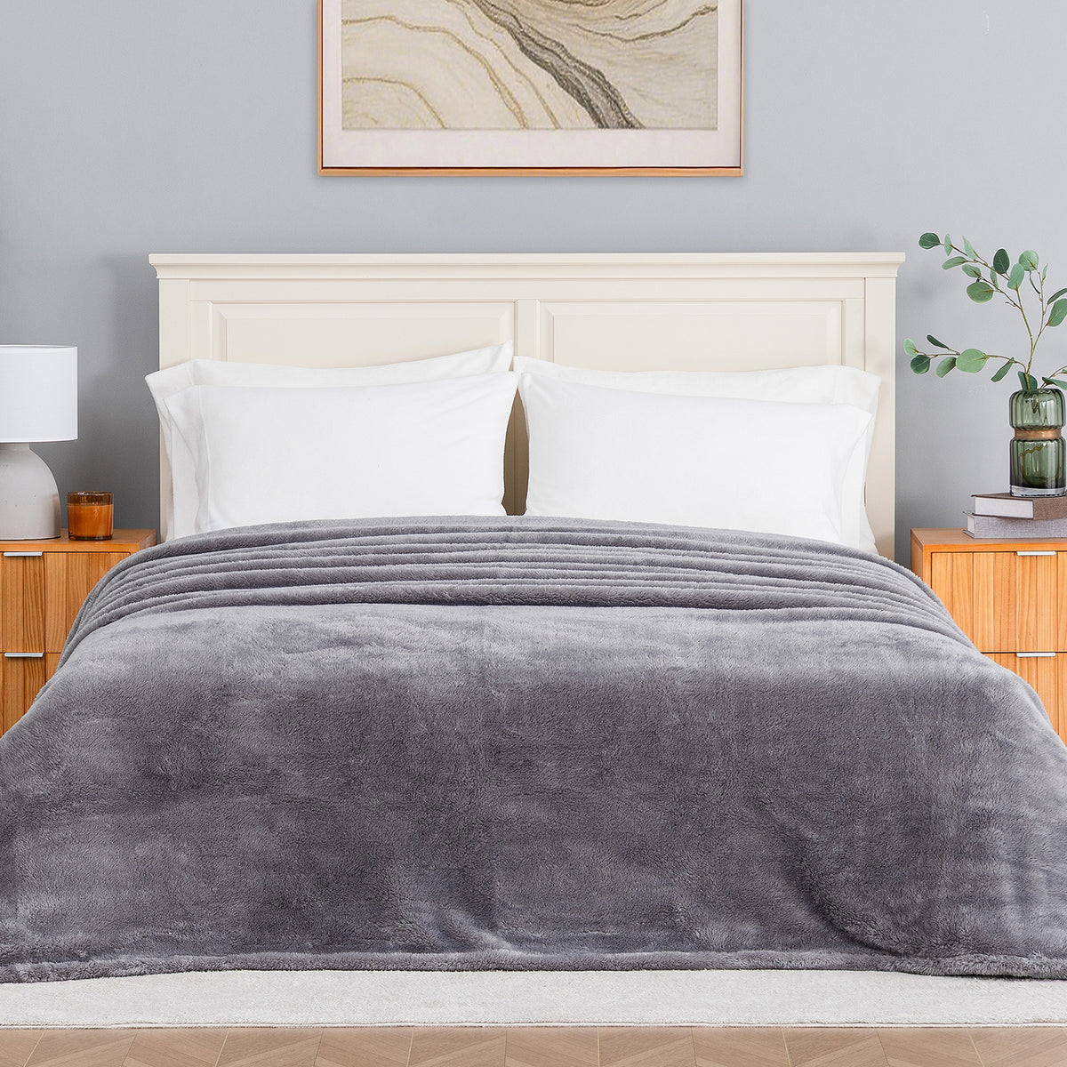 Premium Extra-Fluffy™ Blanket in Amherst Gray on a made bed, front view