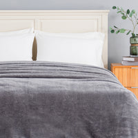 Premium Extra-Fluffy™ Blanket in Amherst Gray turned down at the head of a bed, close view