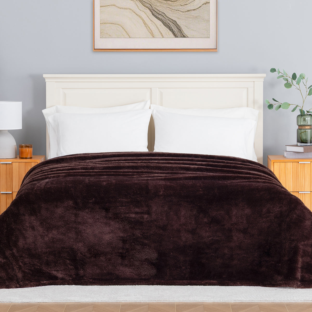 Premium Extra-Fluffy™ Blanket in Coffee Brown on a made bed, front view