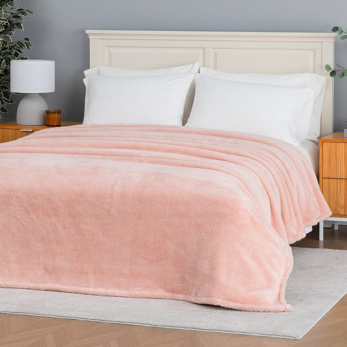 Premium Extra-Fluffy™ Blanket in Country Lane spread over a made bed, angled view