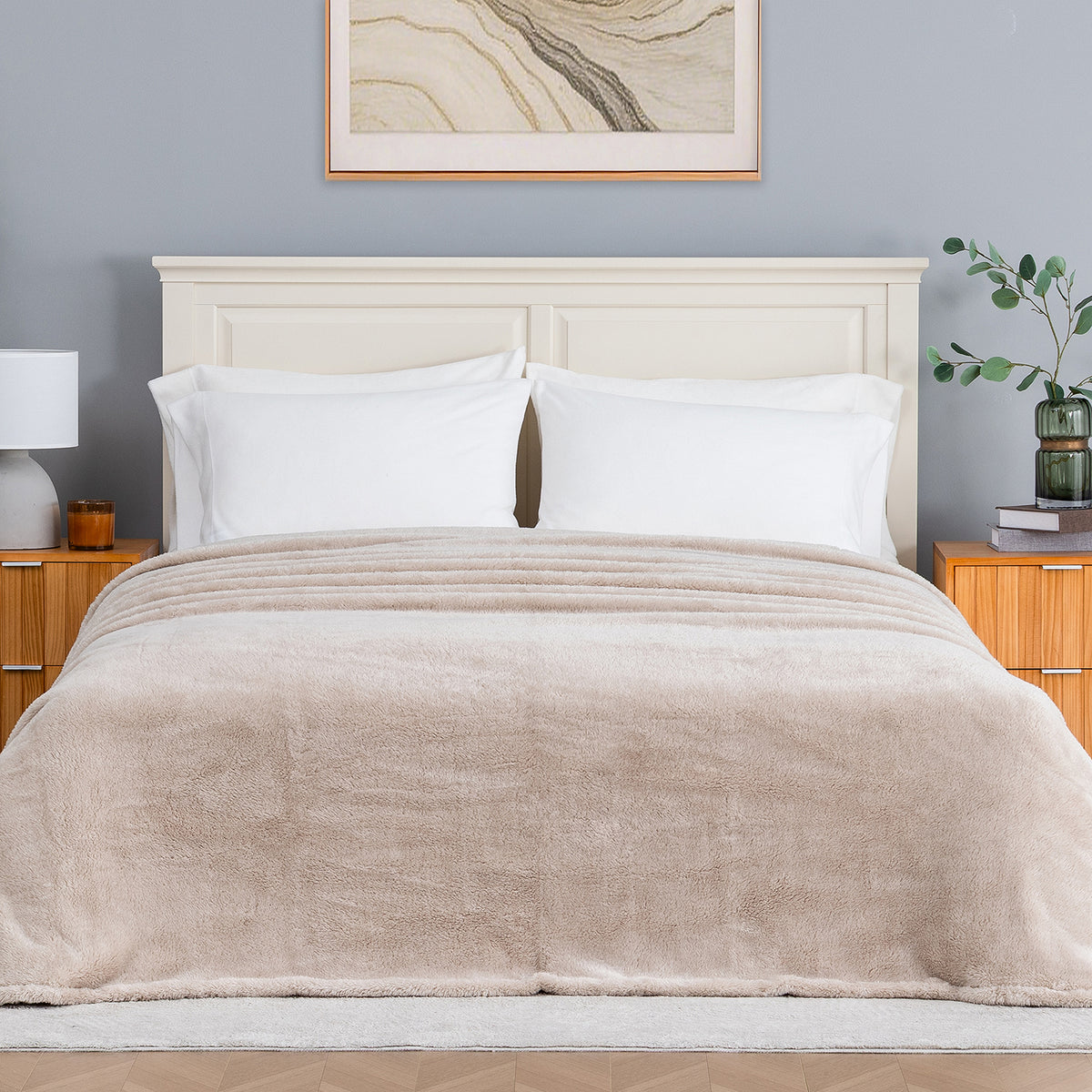Premium Extra-Fluffy™ Blanket in Grain on a made bed, front view