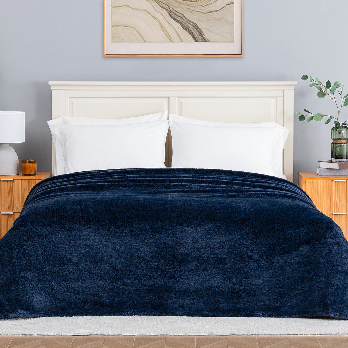 Premium Extra-Fluffy™ Blanket in Historical Blue on a made bed, front view