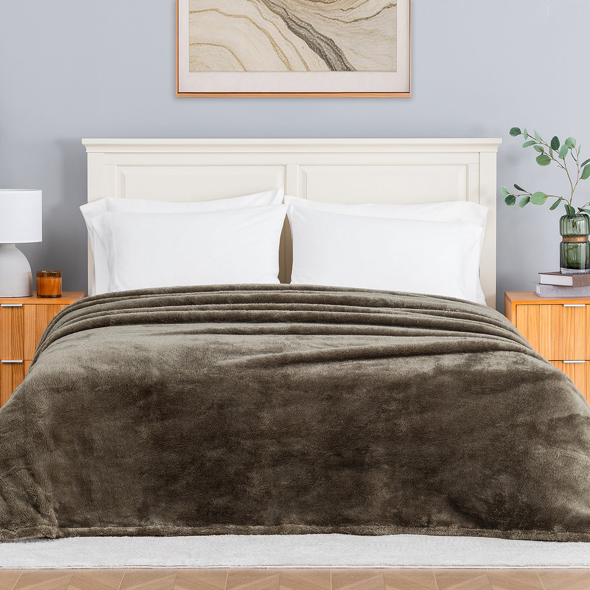 Premium Extra-Fluffy™ Blanket in Kalamata on a made bed, front view