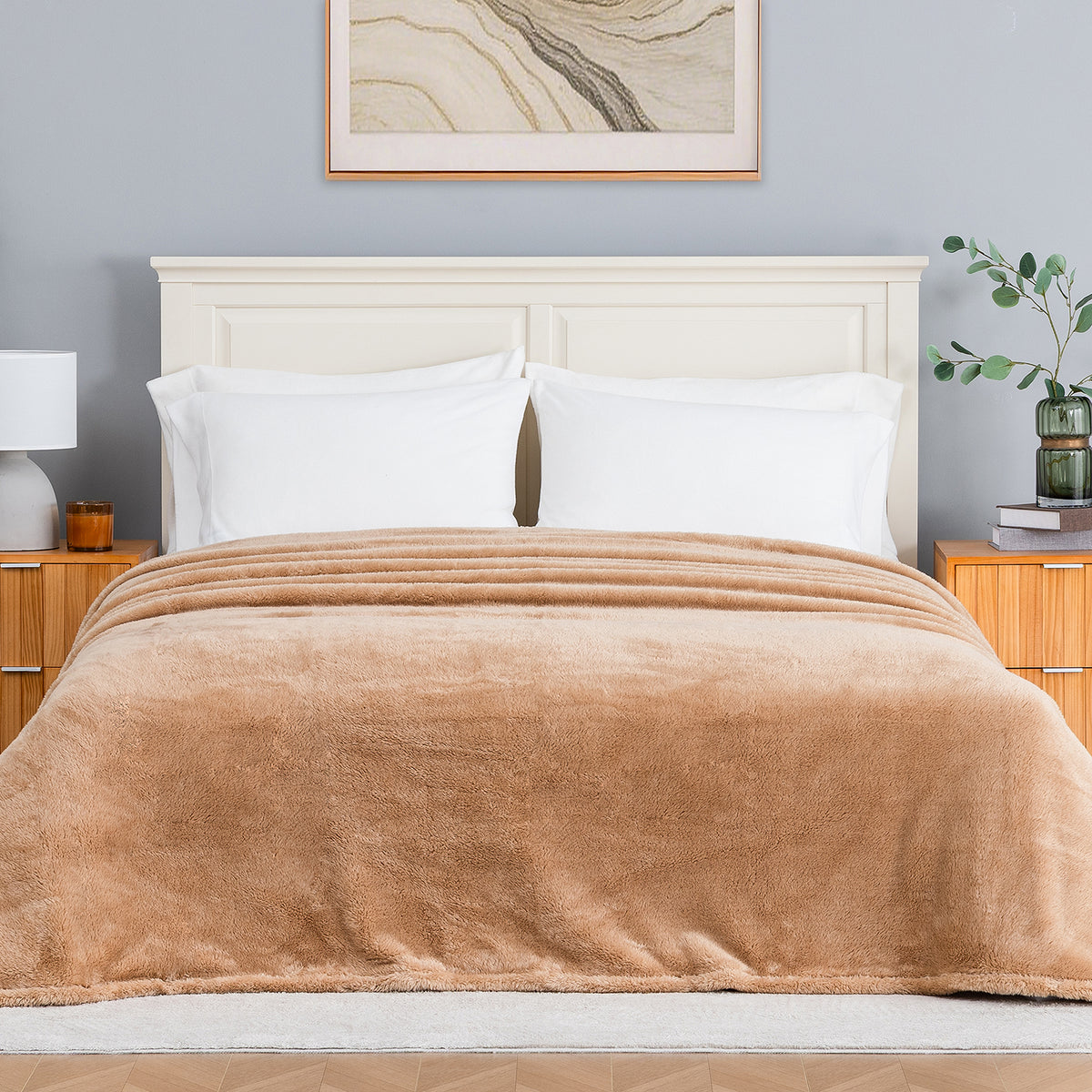 Premium Extra-Fluffy™ Blanket in Prosecco on a made bed, front view