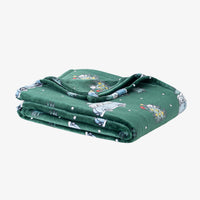 A green holiday Peanuts Printed VelvetLoft Throw folded neatly on a white surface.
