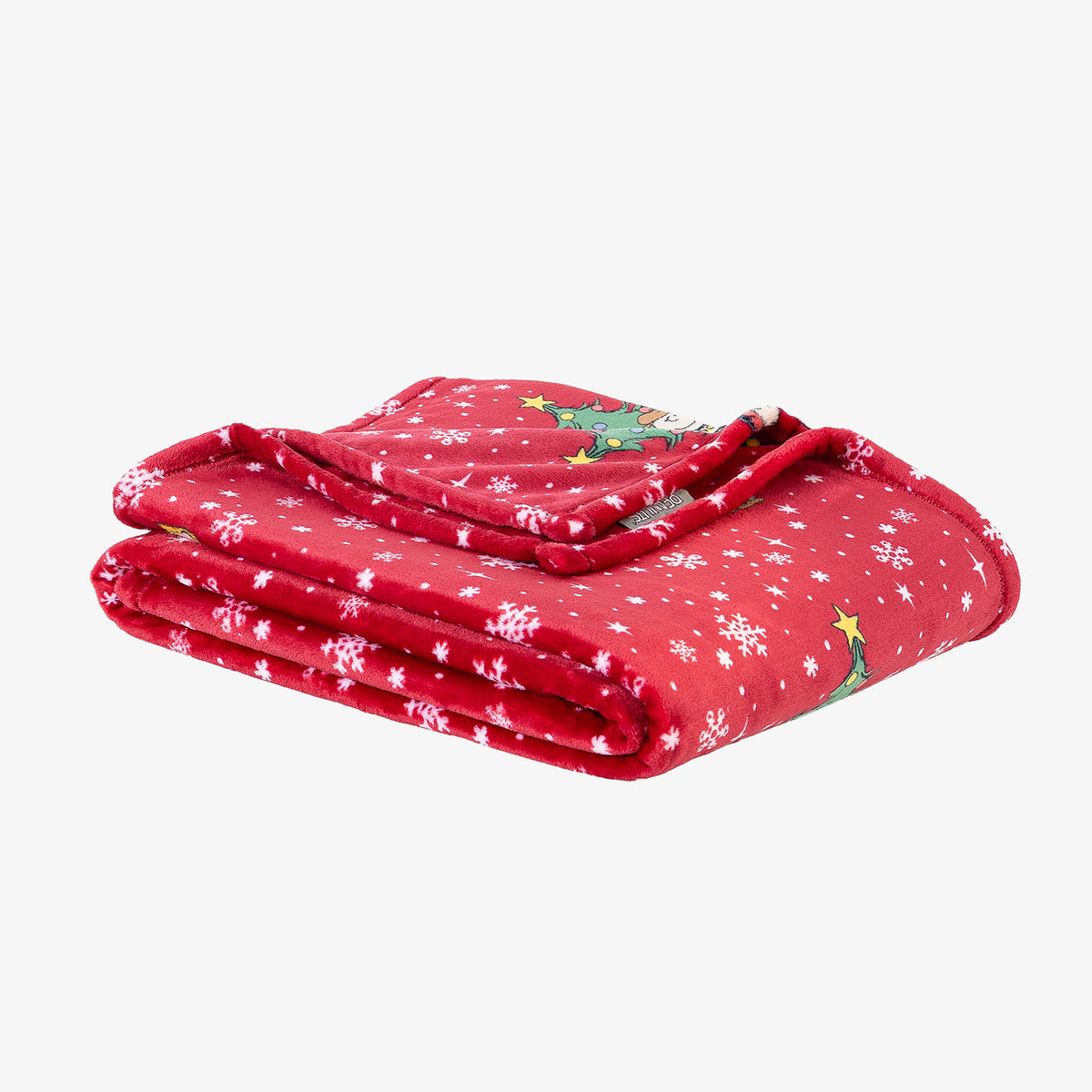 A red holiday Peanuts Printed VelvetLoft Throw folded neatly on a white surface.