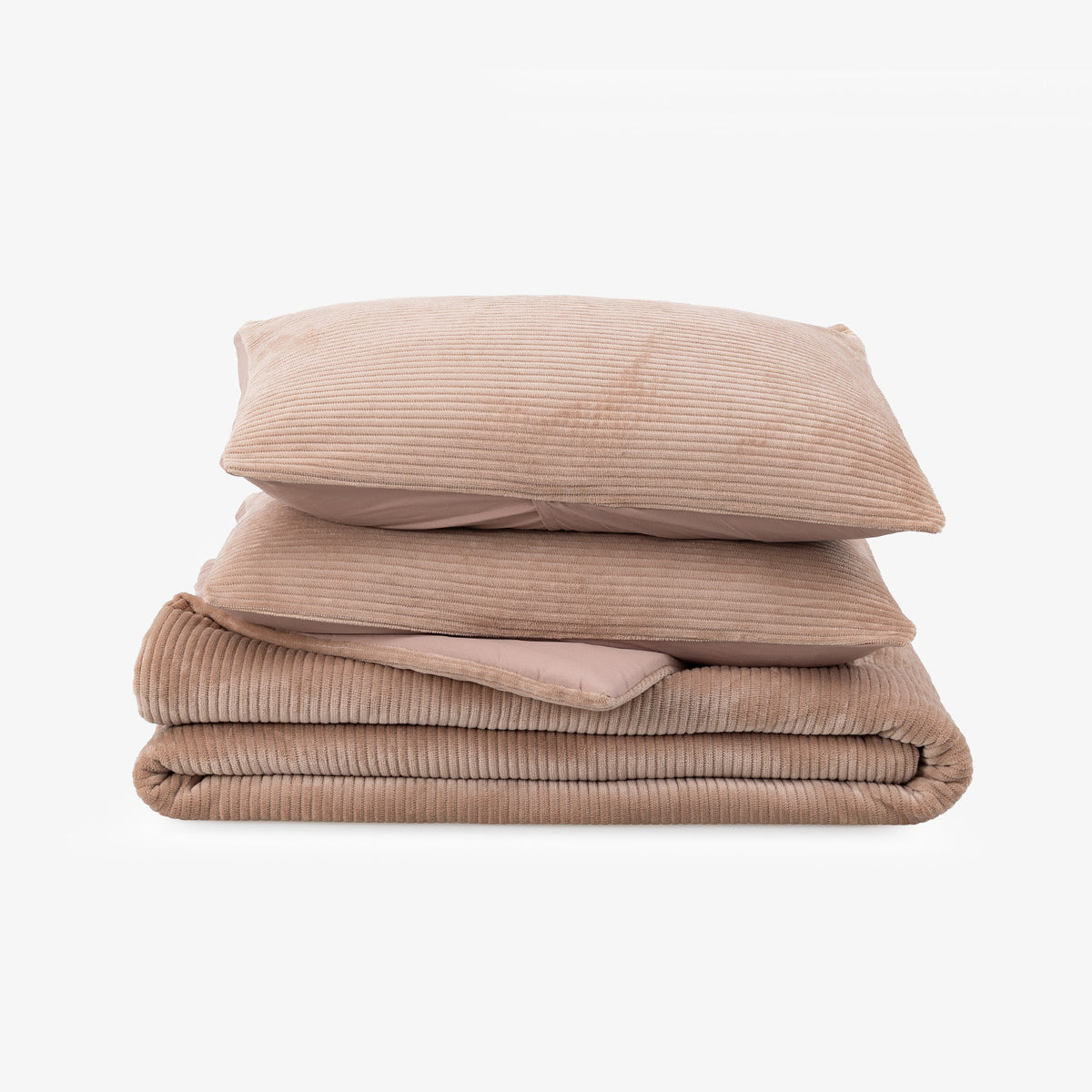 A stack of three folded corduroy bedding pieces in a muted taupe-brown color, set against a plain white background.