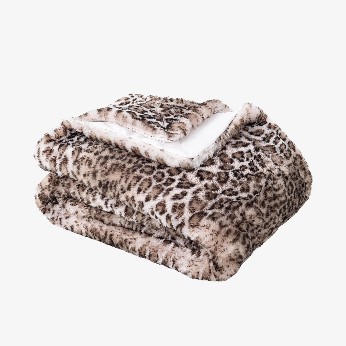 Leopard Faux Fur Throw in Natural Leopard, folded on a white background with the cream reverse showing at the fold.