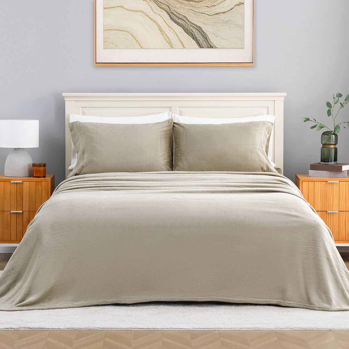 VelvetLoft® Plush Sheet Set in Dry Sage on a made bed with a cream headboard, front view