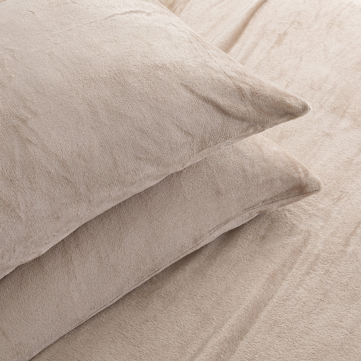 Close-up of VelvetLoft® Plush Sheet Set pillowcases in Hummus