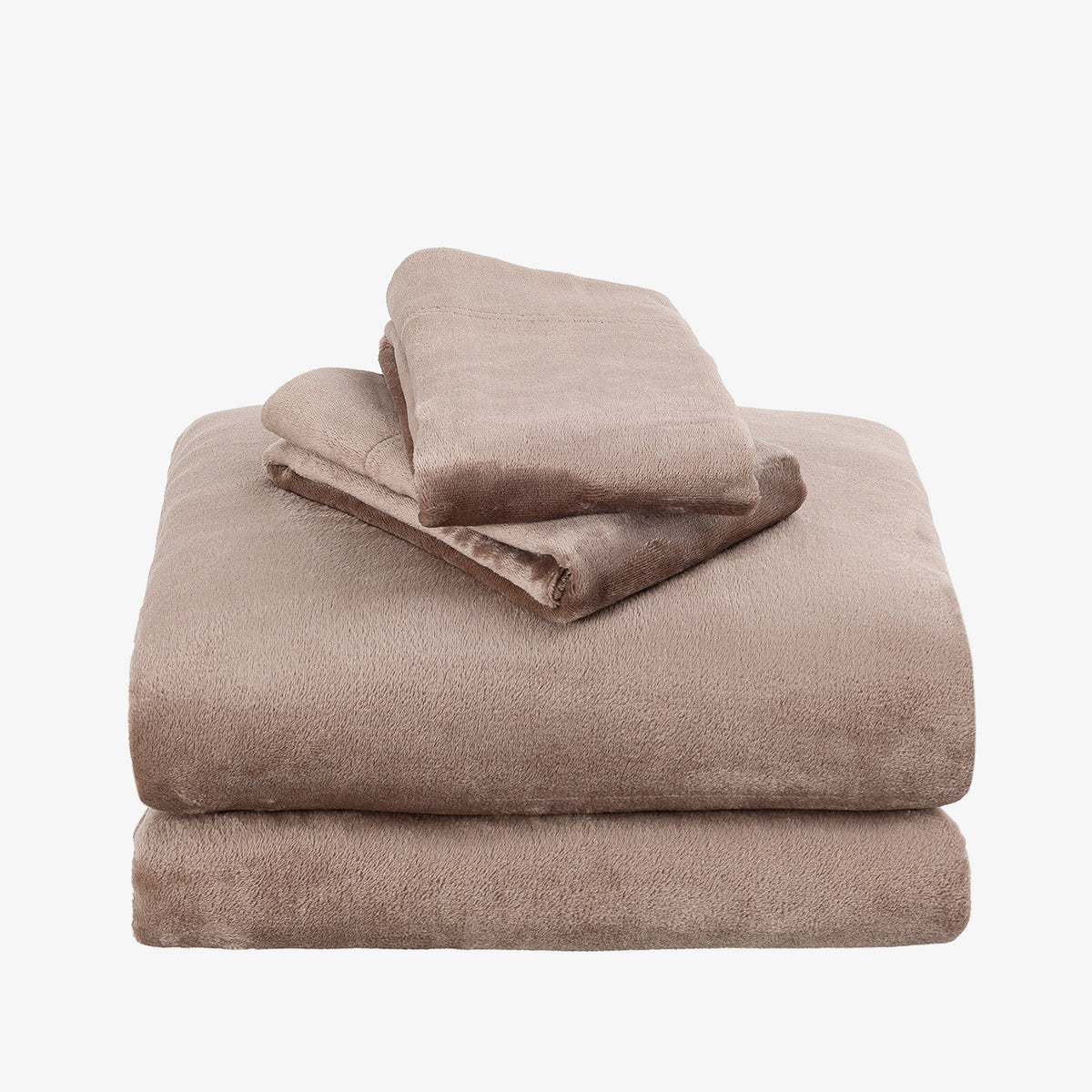 A stack of plush, folded bedding pieces in a warm taupe-brown color, set against a plain light gray background.