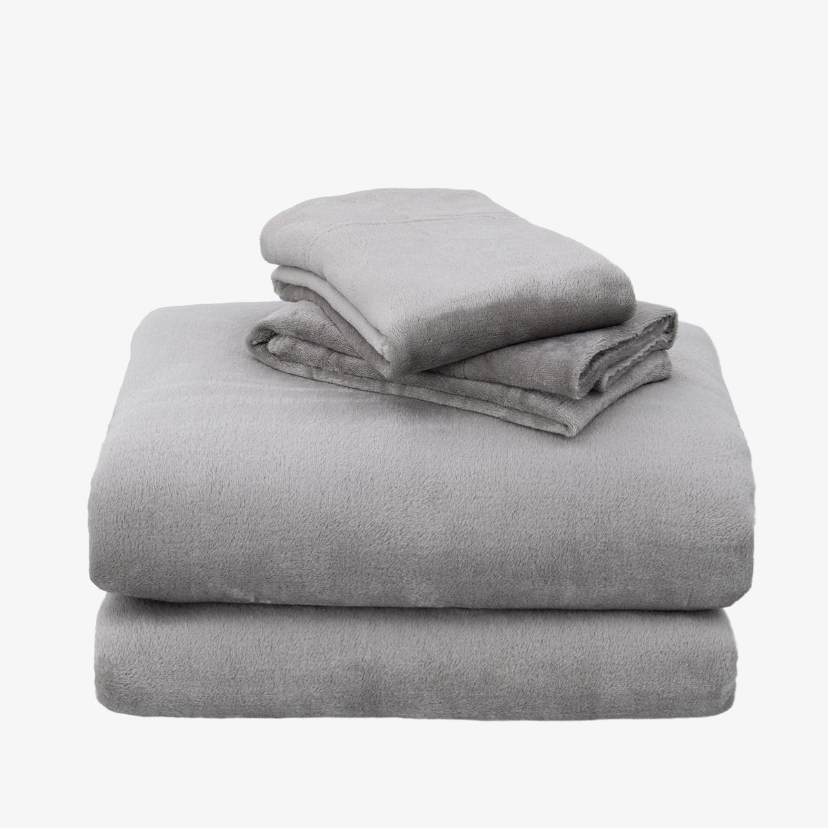 A stack of three folded gray plush blankets or throws on a plain white background.