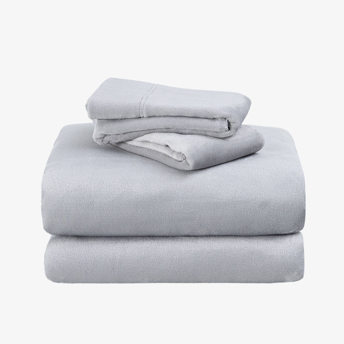 A stack of three folded light gray bedding pieces, likely a sheet set, on a plain white background.