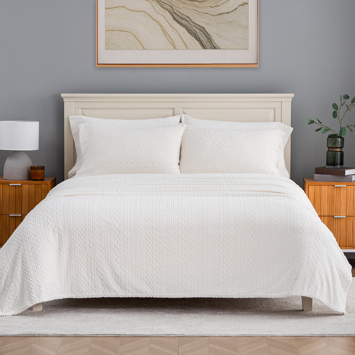 VelvetLoft® Plush Sheet Set in Textured Cream on a made bed with a cream headboard, front view