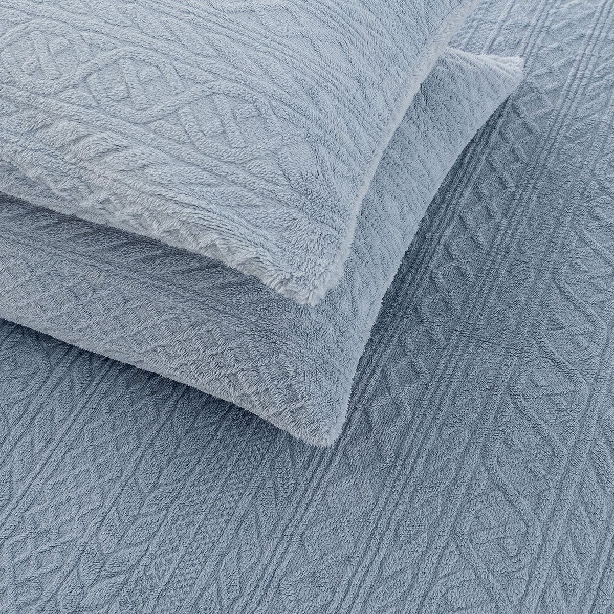 Close-up of VelvetLoft® Plush Sheet Set pillowcases in Textured Polar Blue