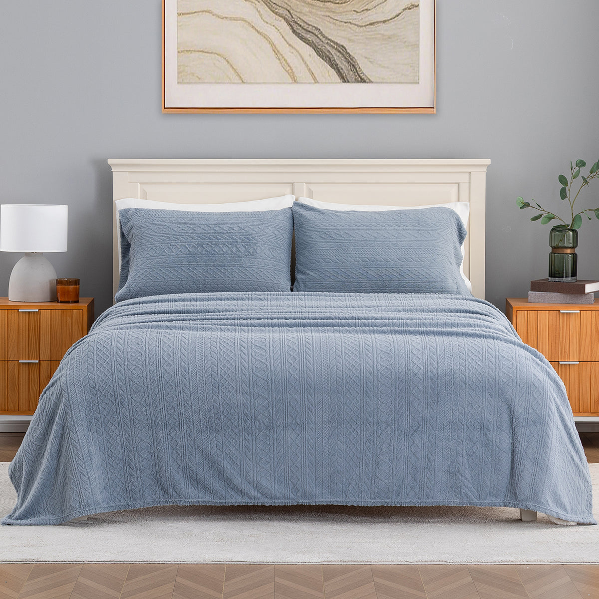 VelvetLoft® Plush Sheet Set in Textured Polar Blue on a made bed with a cream headboard, front view
