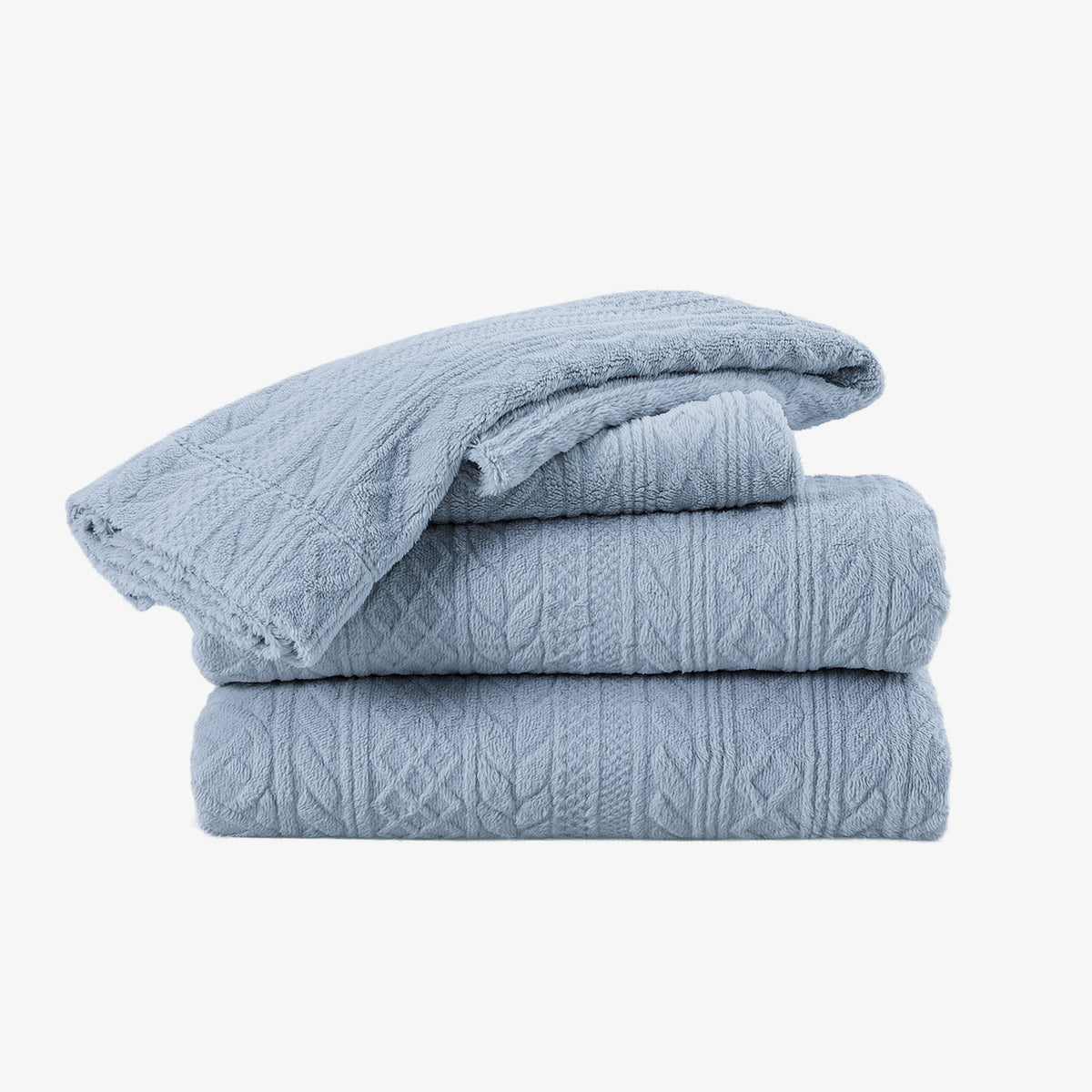 VelvetLoft® Plush Sheet Set in Textured Polar Blue, folded on a white background