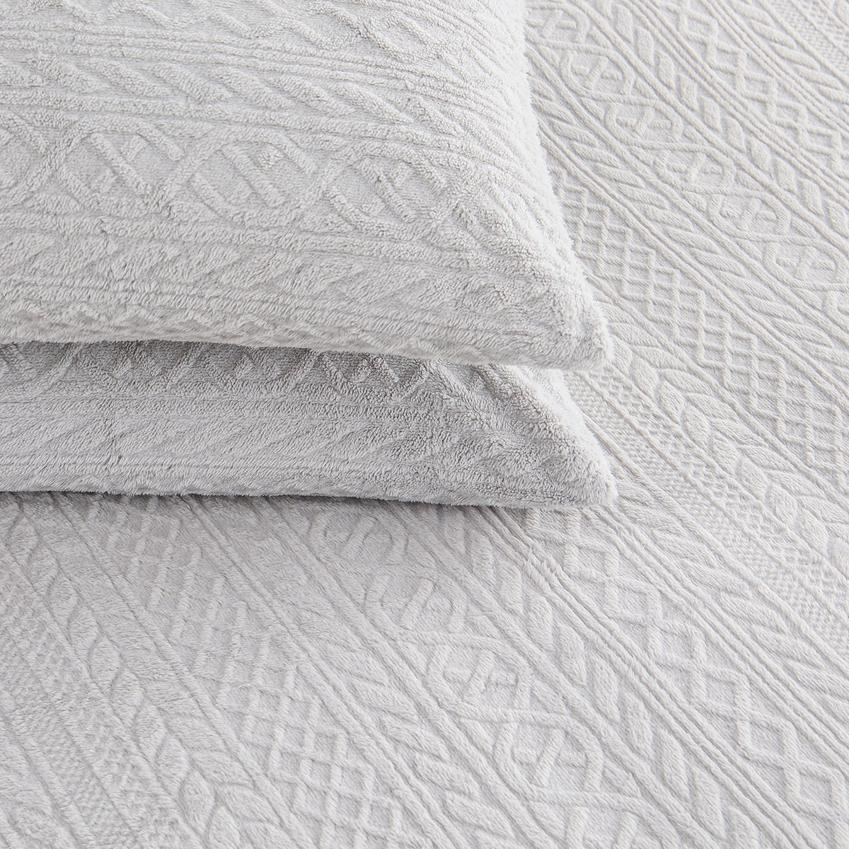 Close-up of VelvetLoft® Plush Sheet Set pillowcases in Textured Wisp Grey