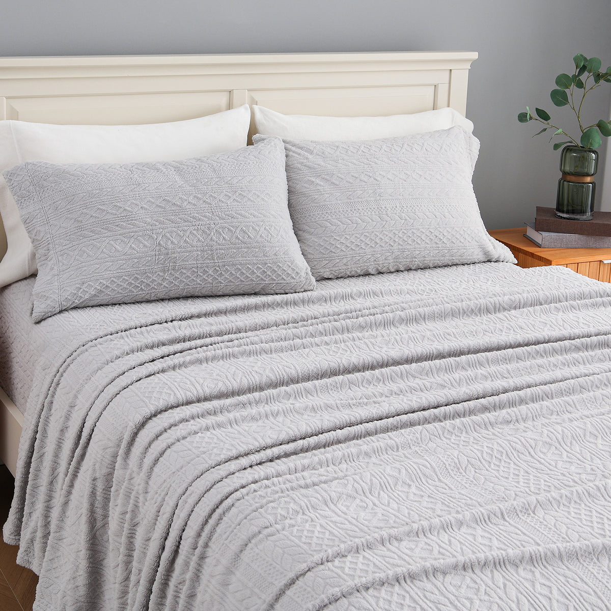VelvetLoft® Plush Sheet Set in Textured Wisp Grey on a made bed, angled view