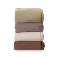 A stack of 4 green, grey, beige, and brown PrimaLush throws folded neatly on a white surface.