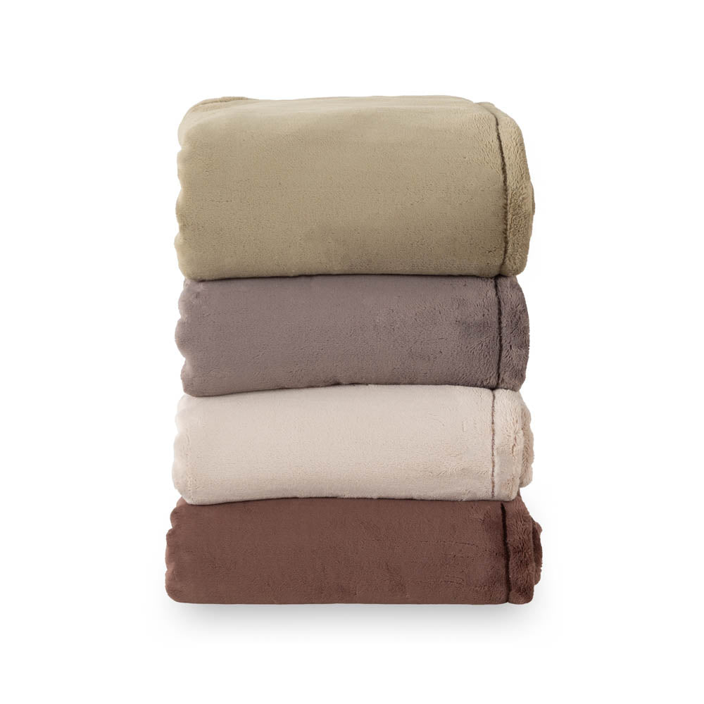 A stack of 4 green, grey, beige, and brown PrimaLush throws folded neatly on a white surface.