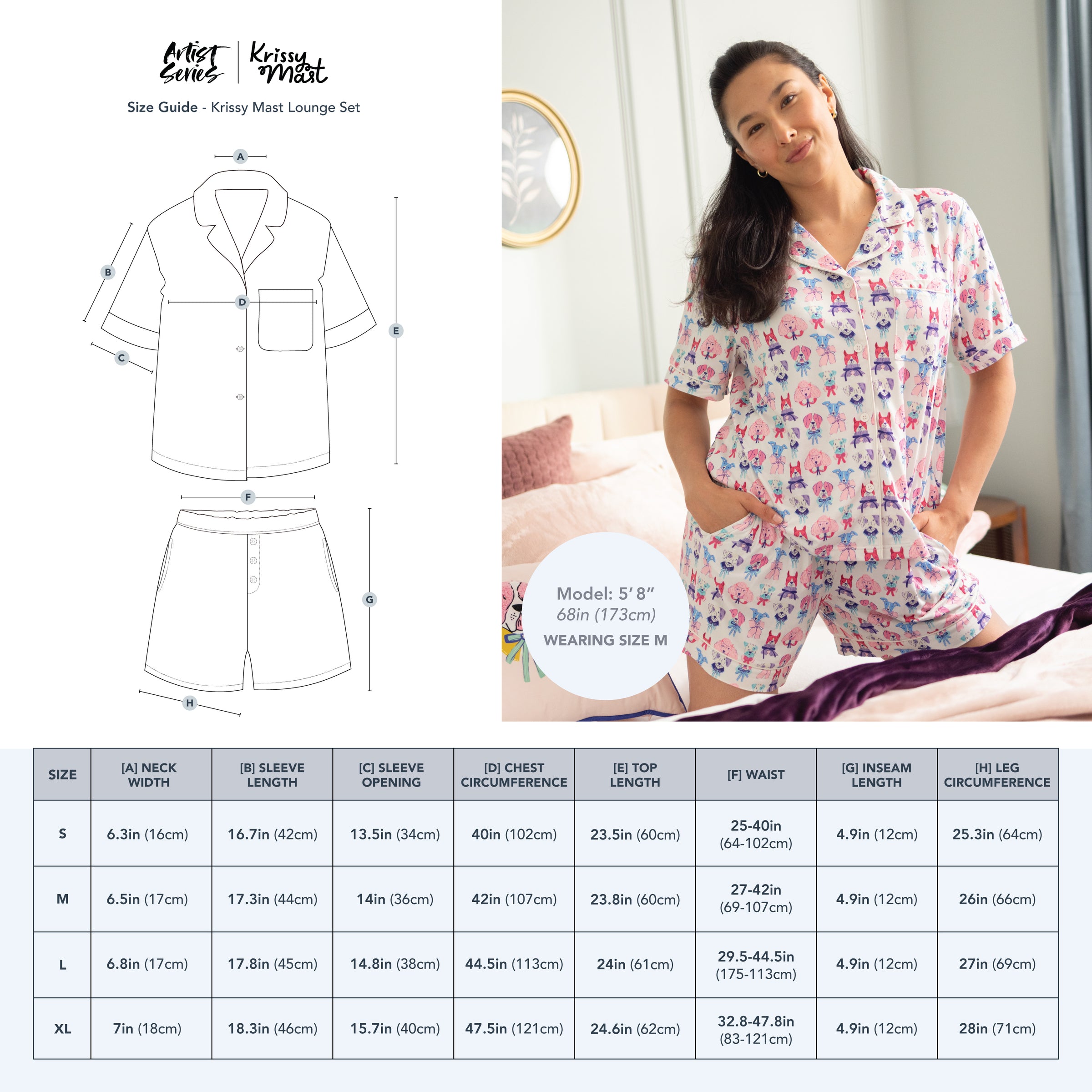 Woman wearing a floral pajama set with a size guide on the left.