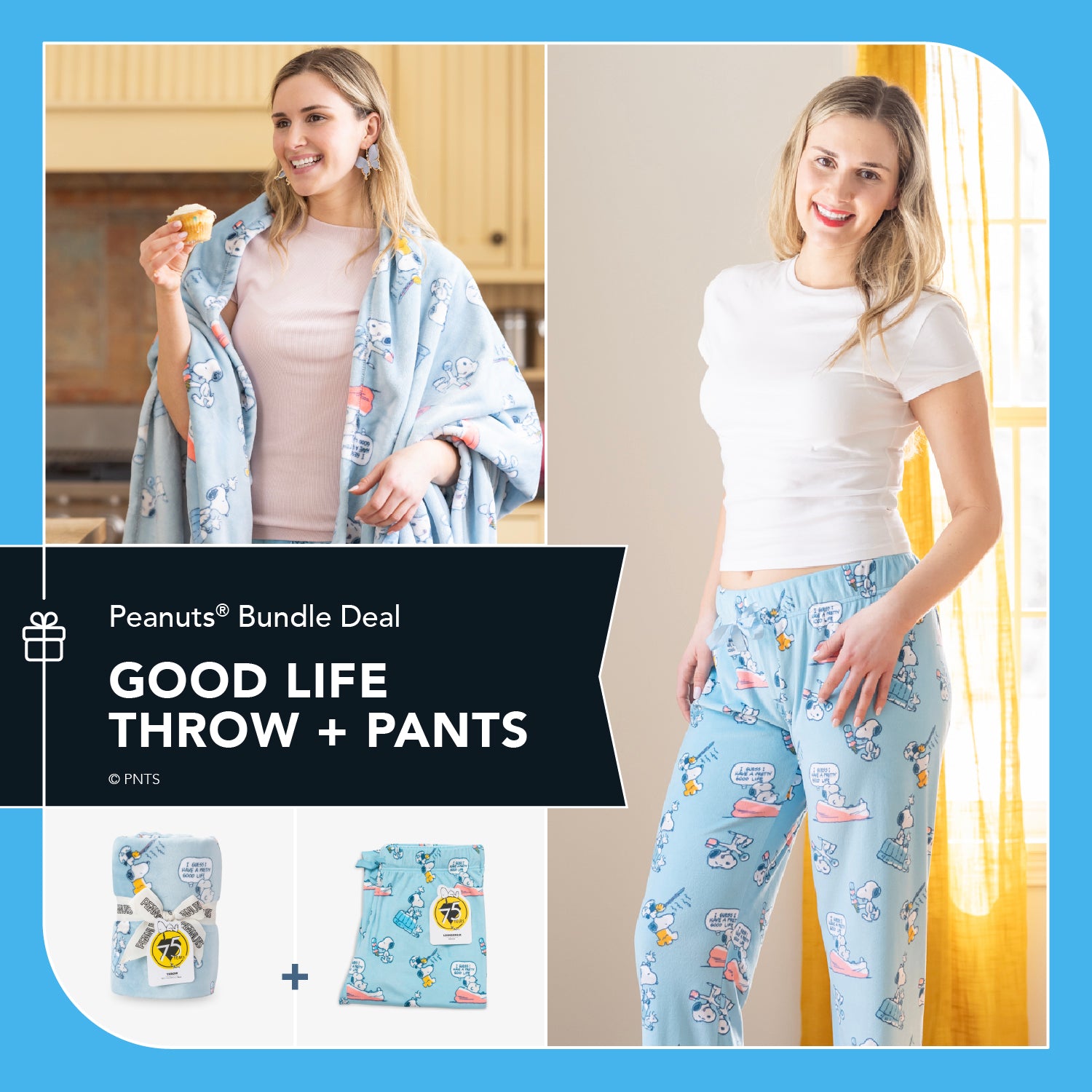 Woman wearing a 'Good Life' throw and pants set with 'Peanuts' branding.