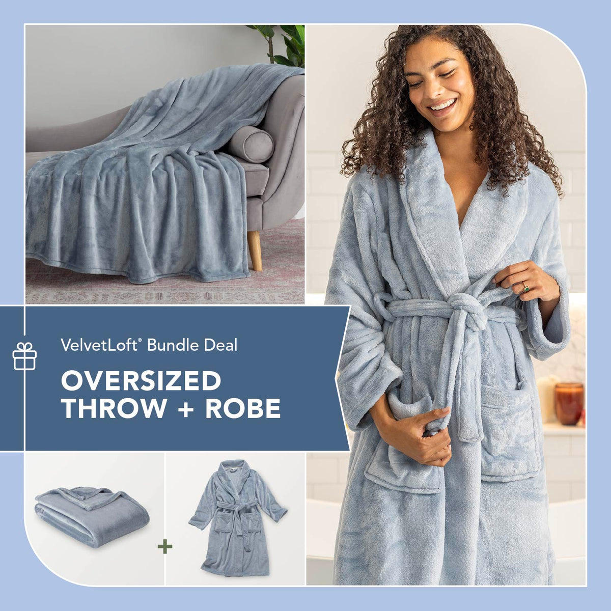 VelvetLoft Robe + throw bundle deal deaturing a blue throw and blue robe worn by a model.