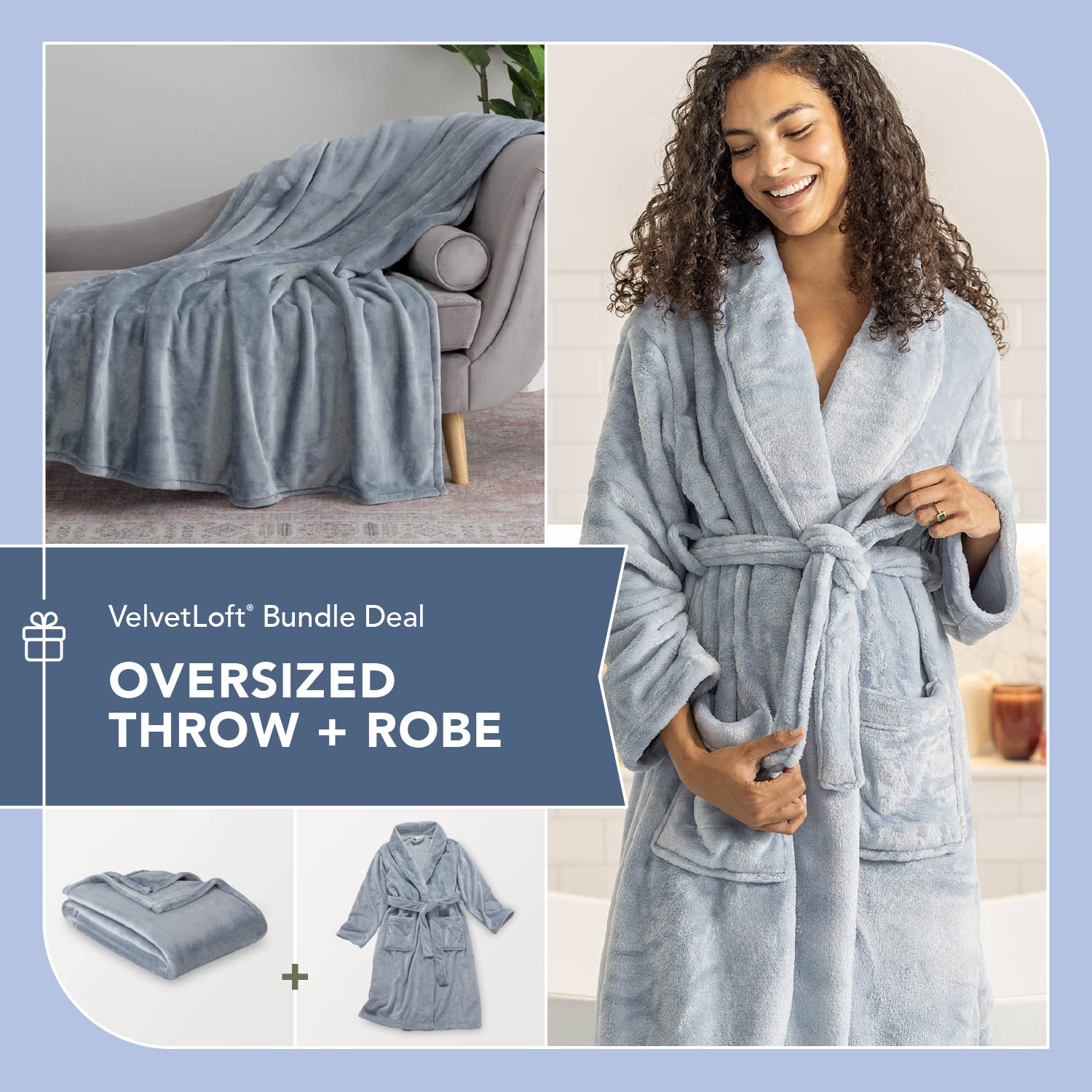 VelvetLoft Robe + throw bundle deal deaturing a blue throw and blue robe worn by a model.