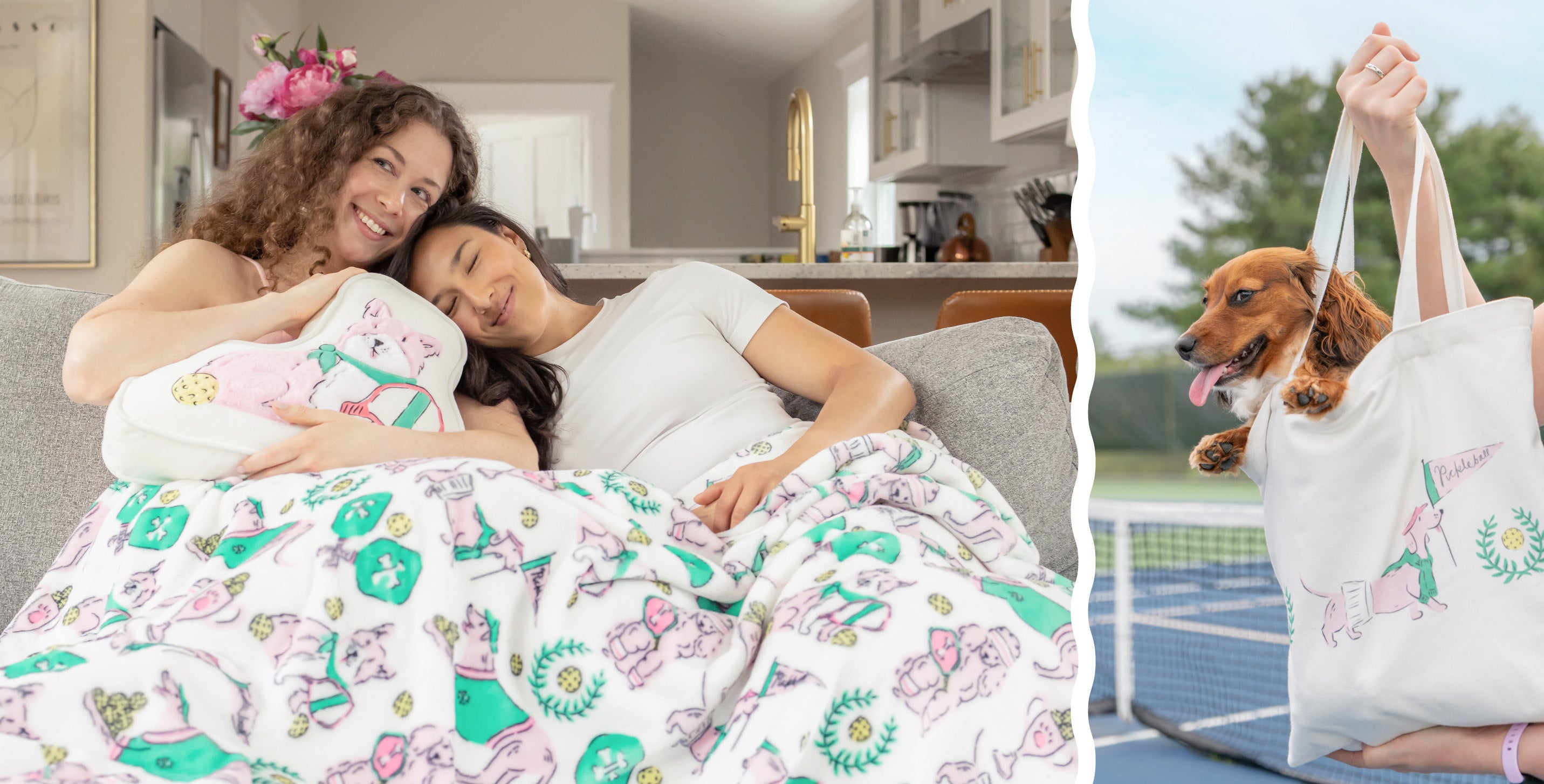 Collage image. Left: 2 girls cozy on the couch with a pickleball themed throw blanket and dog shaped pillow. Right: Red mini dachshund puppy inside a tote bag with a dachshund pickleball print.