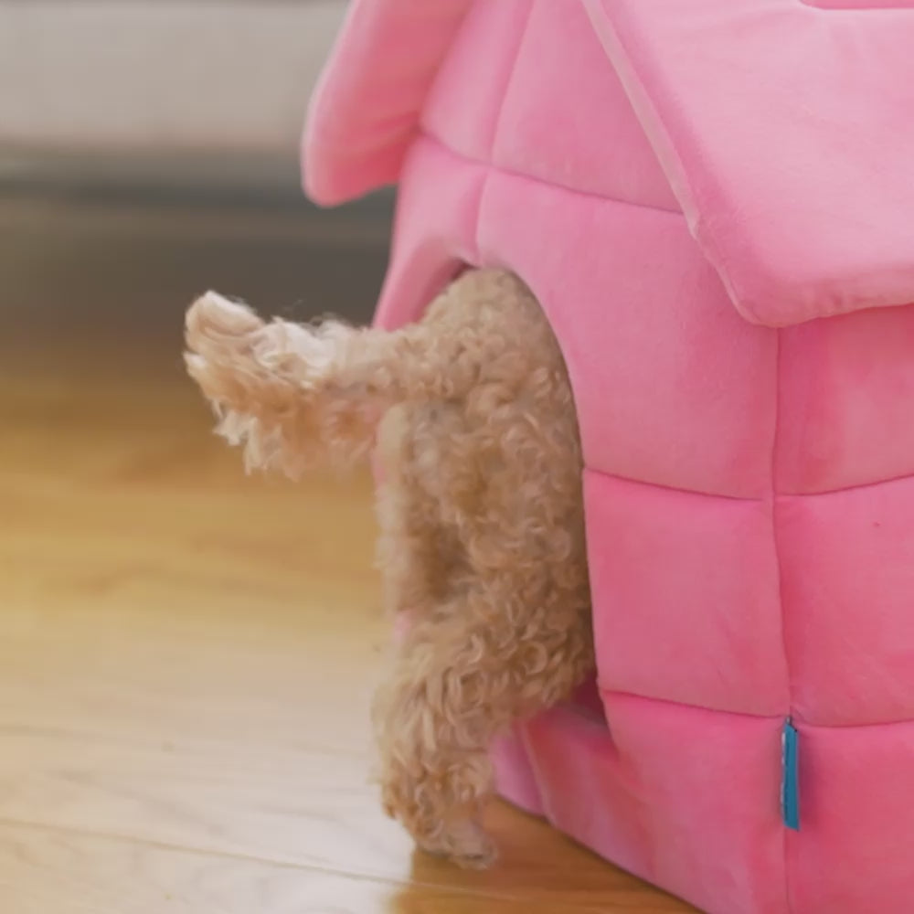 A video of a dog going into a pink snoopy dog house.